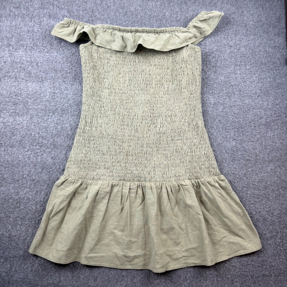 Edikted Smocked Mini Dress Women's Medium Olive Green Off Shoulder Ruffle S16921